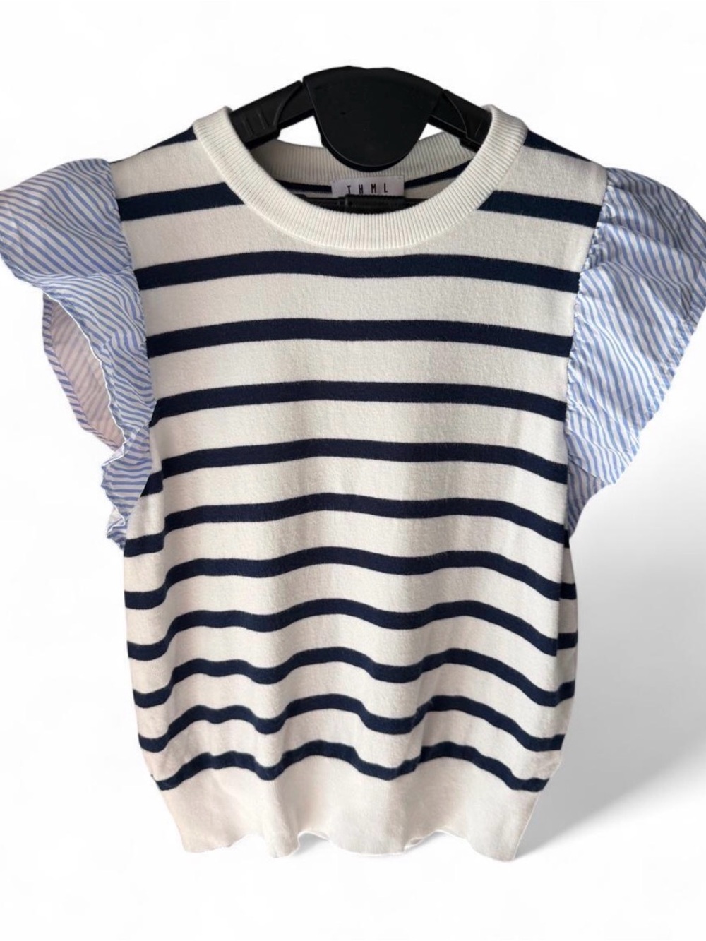 THML Navy & White Striped Knit Top with Ruffle Sleeve Detail
